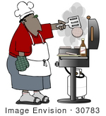 #30783 Clip Art Graphic Of A Black Man Wearing A Chef’S Hat An Apron Red Shirt And Blue Shorts Flipping Burgers On A Bbq Grill