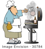 #30784 Clip Art Graphic Of A White Man Wearing A Chef’S Hat An Apron Blue Shirt And Khaki Shorts Flipping Burgers On A Bbq Grill