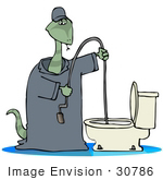 #30786 Clip Art Graphic Of A Snake Plumber In Coveralls Using A Toilet Snake To Fix A Clog And Plumbing Problems In A Bathroom