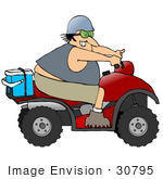 #30795 Clip Art Graphic Of A Happy Caucasian Man Smiling While Speeding Past On A Red Quad