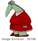 #30796 Clip Art Graphic Of A Green Dinosaur Lady Wearing Curlers In Her Hair Red Slippers And A Red Robe Over Pajamas