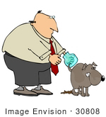 #30808 Clip Art Graphic Of A Balding Caucasian Businessman Waiting For His Dog To Finish Doing His Business So He Can Clean Up The Mess With A Bag