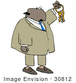 #30812 Clip Art Graphic Of An African American Businessman In A Tan Suit And Blue Tie Holding Up A Set Of Keys Symbolizing Opportunities And Advancement