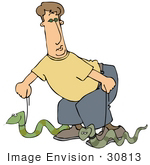 #30813 Clip Art Graphic Of A Caucasian Man In A Yellow Shirt And Blue Pants Crouching Down While Walking Two Snakes On Leashes