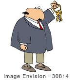 #30814 Clip Art Graphic Of A Caucasian Businessman In A Tan Suit And Blue Tie Holding Up A Set Of Keys Symbolizing Opportunities And Advancement
