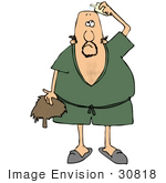 #30818 Clip Art Graphic of a Bald Caucasian Man In A Green Robe And Slippers, Applying Hairpiece Glue Before Putting His Toupee On His Head by DJArt