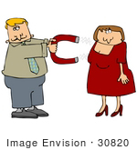 #30820 Clip Art Graphic Of A Blond Caucasian Man Holding Out A Chick Magnet That Is Luring In An Attractive Woman In A Red Dress
