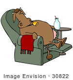 #30822 Clip Art Graphic Of A Tired Brown Cow With Udders Relaxing After A Long Day Of Work Sitting With Her Feet Up In A Recliner Chair And Drinking A Bottle Of Milk