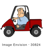 #30824 Clip Art Graphic of a Rushed Man Driving a Red UTV at Work by DJArt