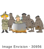#30956 Clip Art Graphic Of American Tourists Being Prepared By Cannibals