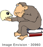 #30960 Clip Art Graphic Of A Cartoon Parody Of Rheinhold’S &Quot;Philosophizing Monkey&Quot; Showing A Wise Chimp Seated On Books And Staring At A Human Skull