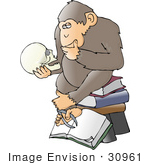 #30961 Clip Art Graphic Of A Cartoon Parody Of Rheinhold’S &Quot;Philosophizing Monkey&Quot; Showing A Smart Chimpanzee Seated On A Stack Of Books And Gazing At A Human Skull