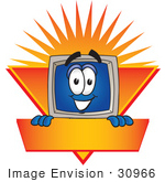 #30966 Clip Art Graphic Of A Desktop Computer Cartoon Character Label With An Orange Sunburst