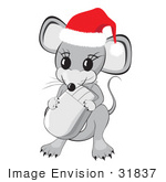 #31837 Clipart Illustration of a Cute Little Gray Mouse Wearing A Red And White Santa Hat And Holding A Computer Mouse by Oleksiy Maksymenko