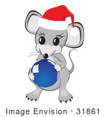 #31861 Clipart Illustration of a Cute Little Gray Mouse Wearing A Red And White Santa Hat And Holding A Shiny Blue Glass Christmas Tree Ornament Bauble by Oleksiy Maksymenko