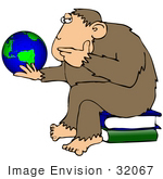 #32067 Clip Art Graphic Of A Cartoon Parody Of Rheinhold’S &Quot;Philosophizing Monkey&Quot; Showing A Chimp Holding The Earth And Sitting On Books