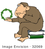 #32069 Clip Art Graphic Of A Cartoon Parody Of Rheinhold’S &Quot;Philosophizing Monkey&Quot; Showing A Monkey Holding Green Recycling Arrows And Sitting On Books
