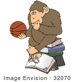 #32070 Clip Art Graphic Of A Cartoon Parody Of Rheinhold’S &Quot;Philosophizing Monkey&Quot; Showing A Chimp Holding A Basketball And Sitting On Books