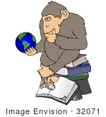 #32071 Clip Art Graphic Of A Cartoon Parody Of Rheinhold’S &Quot;Philosophizing Monkey&Quot; Showing A Chimpanzee Holding A Globe And Sitting On Books