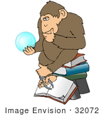 #32072 Clip Art Graphic Of A Cartoon Parody Of Rheinhold’S &Quot;Philosophizing Monkey&Quot; Showing A Monkey Holding A Gypsy Crystal Ball And Sitting On Books