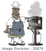 #32074 Clip Art Graphic Of An African American Man Smiling While Cooking On A Gas Grill