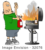 #32076 Clip Art Graphic Of A Fire Safe Caucasian Man Using An Extinguiser To Put Out A Fire On A Gas Grill
