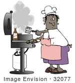 #32077 Clip Art Graphic Of An African American Woman Cooking Hamburgers On A Gas Grill While Wearing An Apron And Chefs Hat
