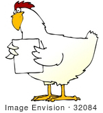 #32084 Clip Art Graphic Of A Confused White Rooster Holding Up A Blank White Sign