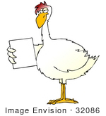 #32086 Clip Art Graphic Of A Skinny White Chicken Holding A Blank Sign In Its Wing