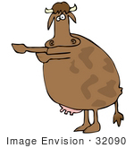 #32090 Clip Art Graphic Of A Big Brown Cow Directing Attention To The Left