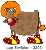 #32091 Clip Art Graphic Of A Clowning Brown Cow Wearing An Orange Wig Big Red Nose And Goofy Shoes