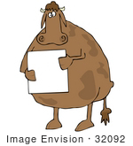 #32092 Clip Art Graphic Of A Sad Brown Cow Standing On Its Hind Legsand Holding A Sign