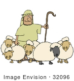 #32096 Clip Art Graphic Of A Proud Shepherd Standing In The Middle Of His Flock Of Sheep