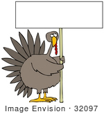 #32097 Clip Art Graphic Of A Bored Turkey Holding A Sign While Working Looking Upwards