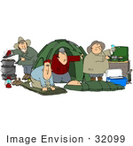 #32099 Clip Art Graphic Of A Group Of Caucasian Men Setting Up Camp While Enjoying A Weekend Without Wives Or Kids