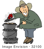 #32100 Clip Art Graphic Of A Happy Caucasian Guy Cooking Food On A Dutch Oven At His Campsite