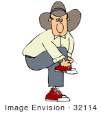 #32114 Clip Art Graphic of a Caucasian Cowboy Lifting His Knee To Tie His Shoe Laces by DJArt