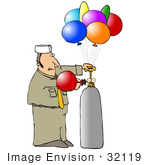 #32119 Clip Art Graphic Of A Caucasian Balloon Man Filling Party Balloons With Helium For A Birtday Party