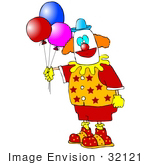 #32121 Clip Art Graphic Of A Party Entertainment Clown In A Colorful Uniform Holding Helium Filled Balloons