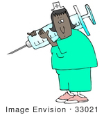 #33021 Clip Art Graphic Of An African American Nurse Woman Carrying A Giant Needle In A Syringe