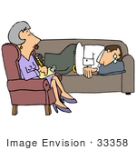 #33358 Clip Art Graphic of a Frustrated Guy Lying On A Counselor’s Sofa And Complaining About His Wife Or Career To A Middle Aged Psychiatrist Lady by DJArt