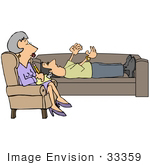 #33359 Clip Art Graphic Of An Emotional Caucasian Man Lying On A Couch And Gesturing With His Hands While Venting To His Shrink A Middle Aged Woman Seated In A Chair