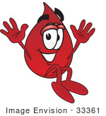 #33361 Clip Art Graphic Of A Transfusion Blood Droplet Mascot Cartoon Character Jumping