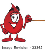#33362 Clip Art Graphic Of A Transfusion Blood Droplet Mascot Cartoon Character Holding A Pointer Stick