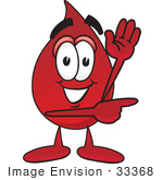 #33368 Clip Art Graphic Of A Transfusion Blood Droplet Mascot Cartoon Character Waving And Pointing