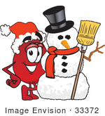 #33372 Clip Art Graphic Of A Transfusion Blood Droplet Mascot Cartoon Character With A Snowman On Christmas