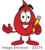 #33374 Clip Art Graphic Of A Transfusion Blood Droplet Mascot Cartoon Character Holding A Pencil