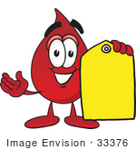 #33376 Clip Art Graphic Of A Transfusion Blood Droplet Mascot Cartoon Character Holding A Yellow Sales Price Tag