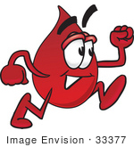 #33377 Clip Art Graphic of a Transfusion Blood Droplet Mascot Cartoon Character Running by toons4biz