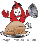 #33380 Clip Art Graphic Of A Transfusion Blood Droplet Mascot Cartoon Character Serving A Thanksgiving Turkey On A Platter